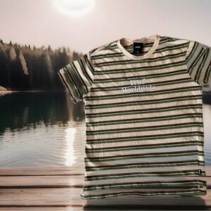Huf Worldwide T Shirt Size Sm Short Sleeve Stripe Tan Brown Green White